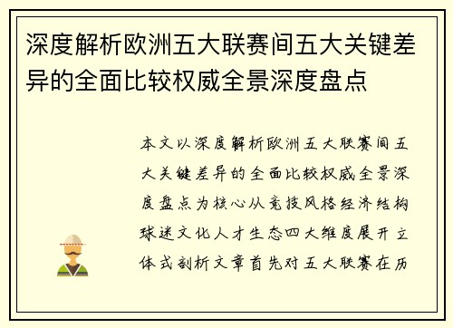 深度解析欧洲五大联赛间五大关键差异的全面比较权威全景深度盘点